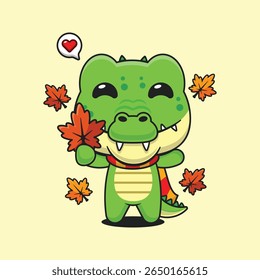 Cute crocodile holding maple leaf in autumn cartoon vector illustration