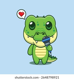 Cute crocodile holding microphone cartoon vector illustration