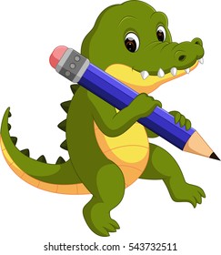 Cute crocodile holding pencil