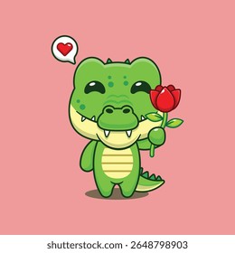 Cute crocodile holding rose flower cartoon vector illustration