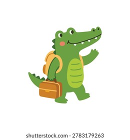 Cute crocodile holding school bag briefcase flat vector illustration. Happy alligator student with backpack walking to school isolated