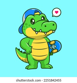 Cute Crocodile, der Skateboard Cartoon Vektorsymbol Illustration. Animal Sport Icon Konzept isolierter Premium Vektor. Flachbildkartonstil