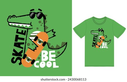 Cute crocodile holding skateboard illustration with tshirt design premium vector the Concept of Isolated Technology. Flat Cartoon Style Suitable for Landing Web Pages,T shirt, Flyers, Stickers