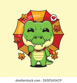 Crocodilo bonito segurando guarda-chuva no dia de outono desenho animado vetor ilustração