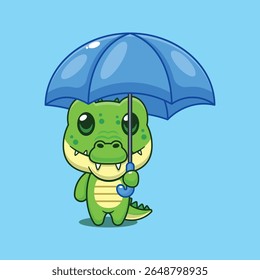 Cute crocodile holding umbrella cartoon vector illustration
