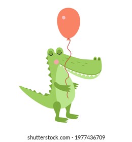 A cute crocodile holds a balloon in his paw. Cartoon illustration.