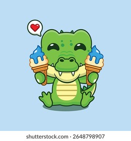 Cute crocodile with ice cream cartoon vector illustration