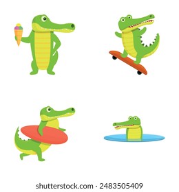 Cute crocodile icons set cartoon vector. Green funny cartoon crocodile. Cute alligator, predator