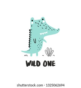 Cute crocodile illustration with hand-drawn lettering roar. Baby design for birthday invitation or baby shower, poster, clothing, nursery wall art and card. Little alligator in cartoon style.
