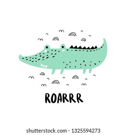 Cute crocodile illustration with hand-drawn lettering roar. Baby design for birthday invitation or baby shower, poster, clothing, nursery wall art and card. Little alligator in cartoon style.