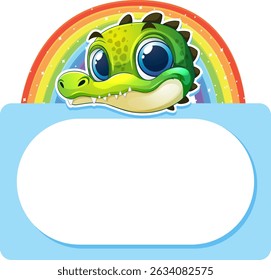 Cute crocodile illustration with a vibrant rainbow arch