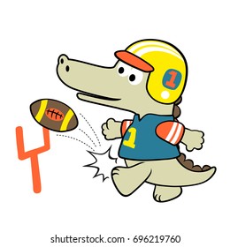 Cute crocodile kicking ball in rugby game, vector cartoon illustration