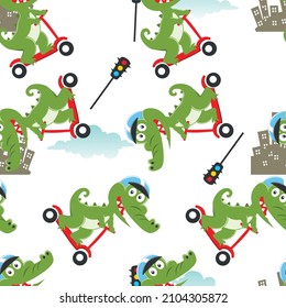 Cute crocodile kid riding a kick scooter. Funny vector illustration. Creative vector childish background for fabric textile, nursery wallpaper, brochure. and other decoration.