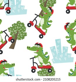 Cute crocodile kid riding a kick scooter. Funny vector illustration. Creative vector childish background for fabric textile, nursery wallpaper, brochure. and other decoration.