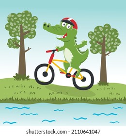 Cute crocodile kid riding a yellow bicycle. Funny vector illustration. Creative vector childish background for fabric, textile, nursery wallpaper, poster, card, brochure. and other decoration.