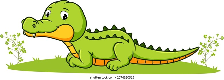 The cute crocodile is laying down in the garden of illustration