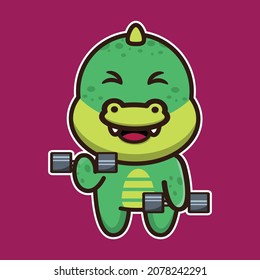 Cute crocodile lifting barbell. Cute animal cartoon illustration.