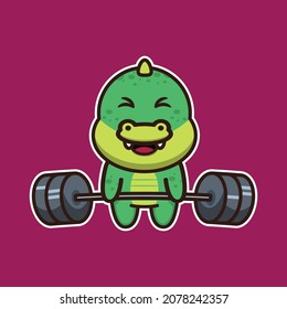 Cute crocodile lifting barbell. Cute animal cartoon illustration.