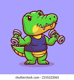 Cute Crocodile Lifting Dumbbell Cartoon Vector Icon Illustration. Animal Sport Icon Concept Isolated Premium Vector. Flat Cartoon Style