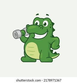 Cute Crocodile Lifting Dumble Cartoon Icon Illustration. Cute animal Sport Icon.