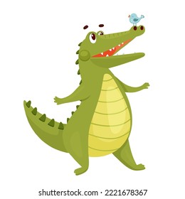 Cute Crocodile with little bird. Funny Alligator isolated on white. Cartoon Vector Illustration Green Animal Character
