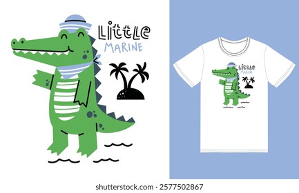 Cute crocodile marine illustration with tshirt design premium vector the Concept of Isolated Technology. Flat Cartoon Style Suitable for Landing Web Pages,T shirt, Flyers, Stickers