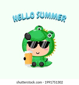 Cute crocodile mascot brings juice with summer greetings