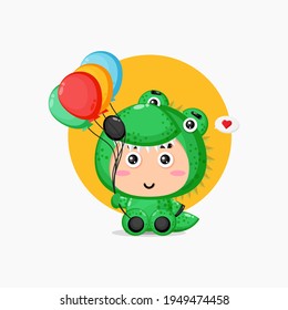 Cute crocodile mascot carrying balloons