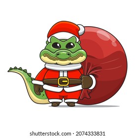 cute crocodile mascot, carrying red bundle bag and wearing santa claus costume, cute animal character wearing christmas costume, front view. kawaii and shiny style, perfect for christmas content