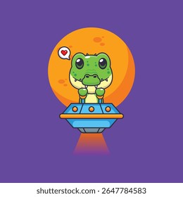 Cute crocodile mascot cartoon character illustration fly with ufo