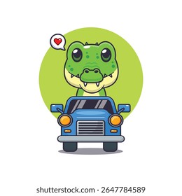 Cute crocodile mascot cartoon character illustration ride on car