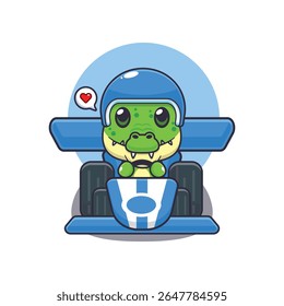 Cute crocodile mascot cartoon character illustration riding race car