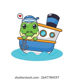Cute crocodile mascot cartoon character illustration on the ship