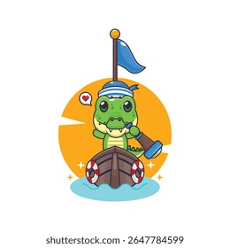 Cute crocodile mascot cartoon character illustration on the boat