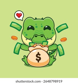 Cute crocodile with money bag cartoon vector illustration