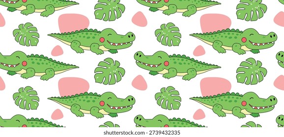 Cute crocodile and monstera leaf seamless pattern with pink spots for nursery