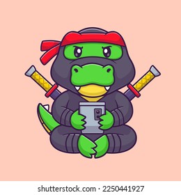 Cute Crocodile Ninja Holding Phone Cartoon Vector Icon Illustration. Animal Technology Icon Concept Isolated Premium Vector. Flat Cartoon Style