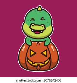Cute crocodile on a big helloween pumpkin. Cute animal cartoon illustration.