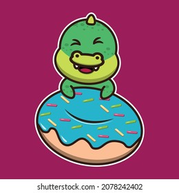 Cute crocodile on top of a big donut. Cute animal cartoon illustration.