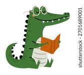 A cute crocodile on a white background is reading a book. A flat vector illustration in a simple children