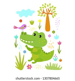 Cute crocodile on white background with colored  flowers and bird