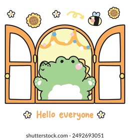 Cute crocodile open the window with flower and bee background.Hello everyone text.Reptile animal character cartoon design.Image for card,sticker,baby product.Kawaii.Vector.Illustration.