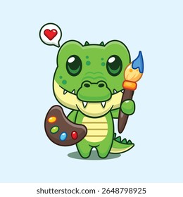 Cute crocodile painter cartoon vector illustration