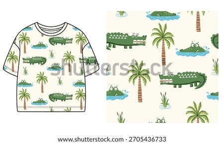 Cute crocodile with palm trees seamless pattern print on Boys tee shirt