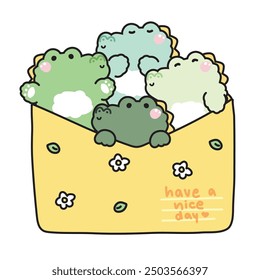 Cute crocodile in paper mail have leaf and flower cartoon design.Message.Card.Have a nice day text.Reptile animal character.Kawaii.Vector.Illustration.