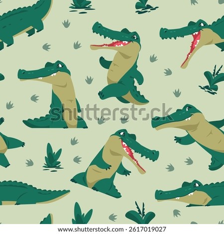 Cute crocodile pattern. Alligator animals seamless print, funny cartoon childish crocodiles characters for wrapping paper, reptile textile fabric design. Vector alligators texture.