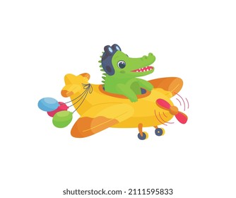 Cute crocodile pilot flying on plane or helicopter, flat vector illustration isolated on white background. Funny childish cartoon character, great for nursery design.