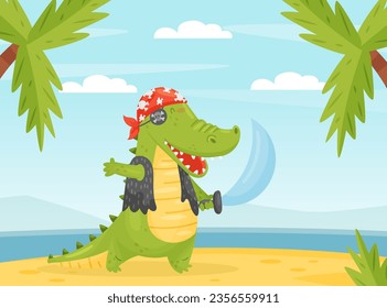 Cute Crocodile Pirate Character with Saber in Bandana Vector Illustration