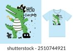 Cute crocodile pirate illustration with tshirt design premium vector the Concept of Isolated Technology. Flat Cartoon Style Suitable for Landing Web Pages,T shirt, Flyers, Stickers