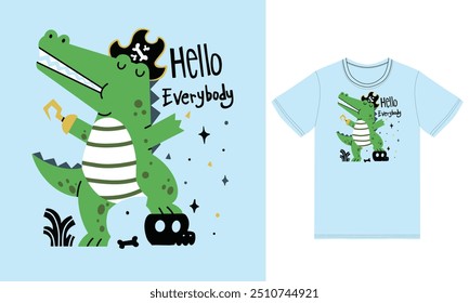 Cute crocodile pirate illustration with tshirt design premium vector the Concept of Isolated Technology. Flat Cartoon Style Suitable for Landing Web Pages,T shirt, Flyers, Stickers